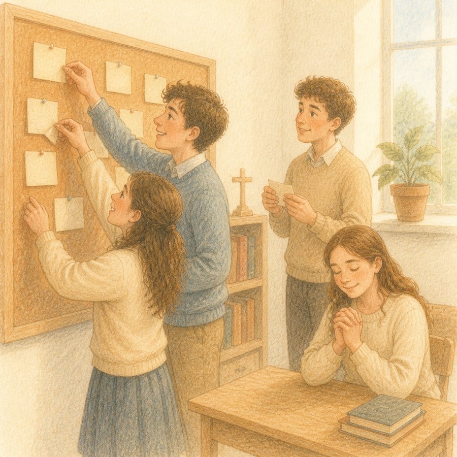 교회 교실 게시판에 이름 카드를 붙이고, 한 학생이 두 손을 모아 기도하는 모습을 그린 그림.