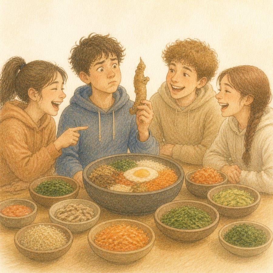 큰 탁자 위 여러 재료 그릇 앞에서 한 학생이 엉뚱한 재료를 들어 보이며 어리둥절한 표정을 짓고, 옆 친구들이 웃고 있는 그림.